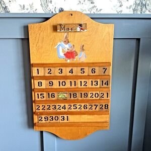 Vintage Handmade Perpetual Calendar Beatrix Potter Style Cottagecore Wood Bunny